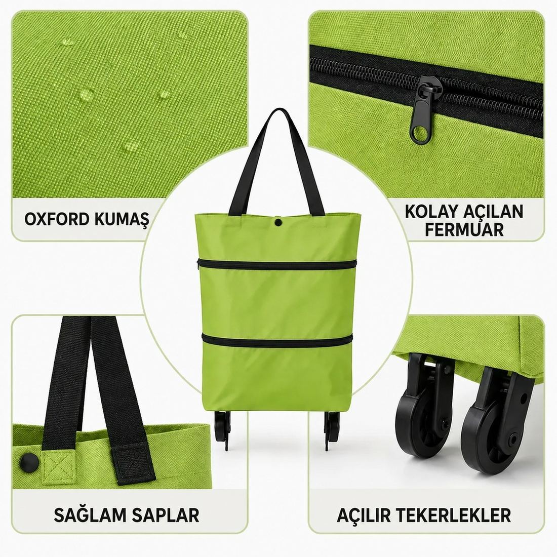 Kumaş, fermuar, sap ve tekerlek detayları