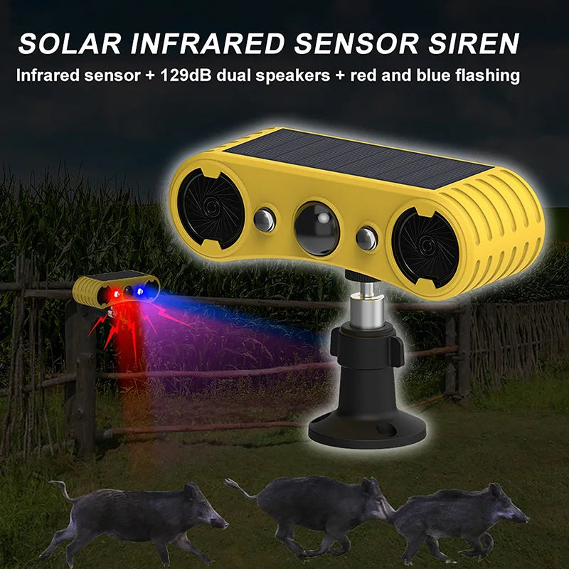 Solar Motion Sensor Alarm LED Red & Blue Strobe Light 18650 Battery Outdoor Beast Repelling Device Driving Security Alert System