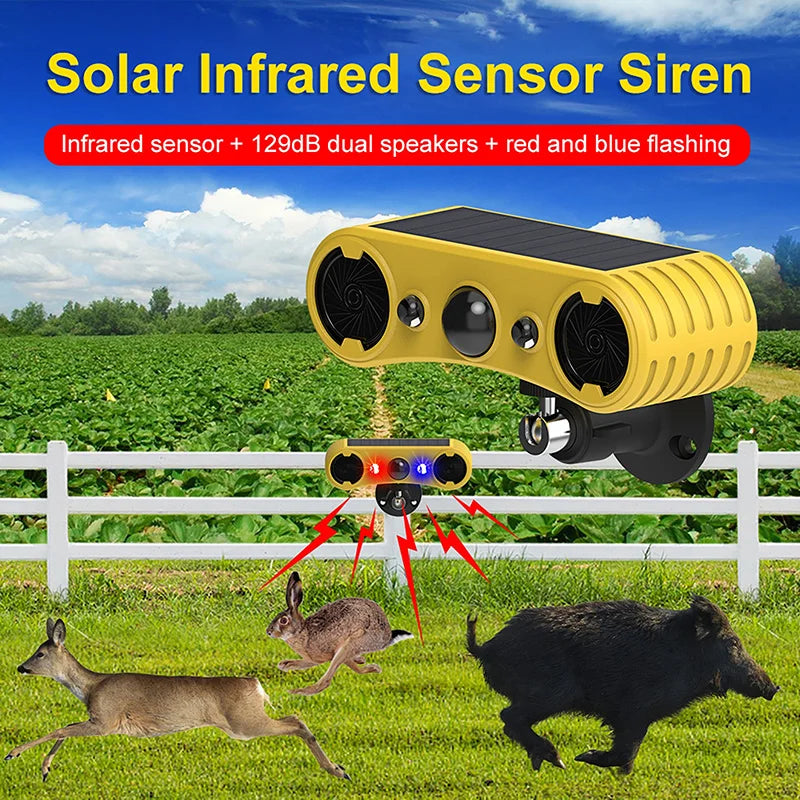 Solar Motion Sensor Alarm LED Red & Blue Strobe Light 18650 Battery Outdoor Beast Repelling Device Driving Security Alert System