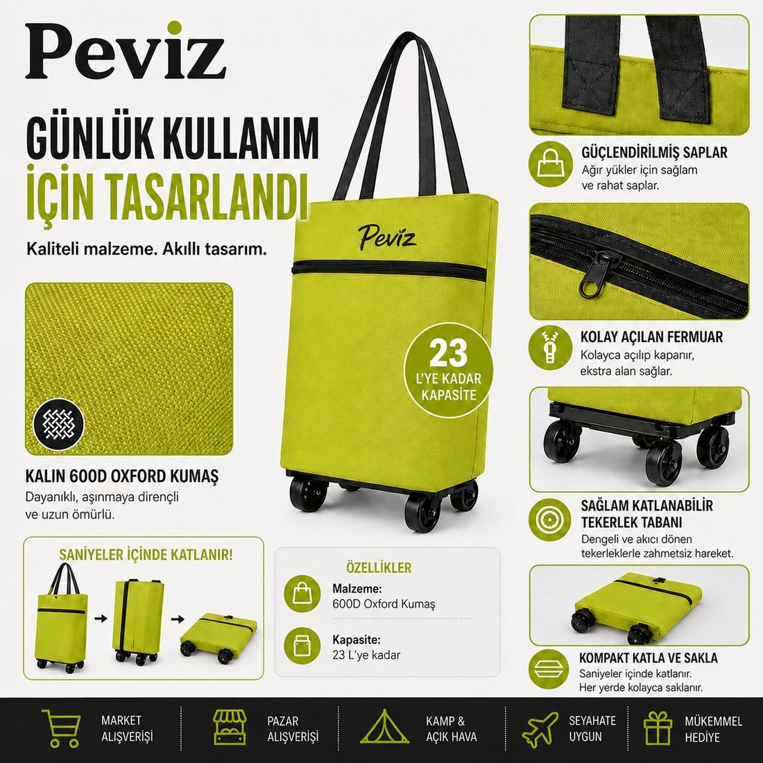 600D Oxford kumaş, güçlendirilmiş saplar, fermuar ve tekerlek tabanı